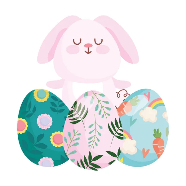 Gelukkig Pasen schattig konijn met geschilderde eieren feestseizoen — Stockvector