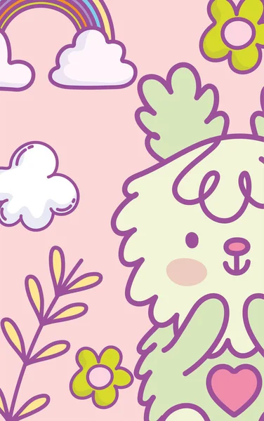 Carino coniglio cuore fiori arcobaleno nuvole cartone animato decorazione — Vettoriale Stock
