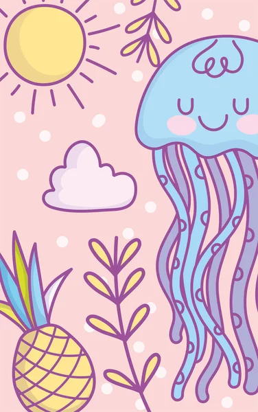 Cute blue jellyfish pineapple sun cloud foliage — Stock Vector