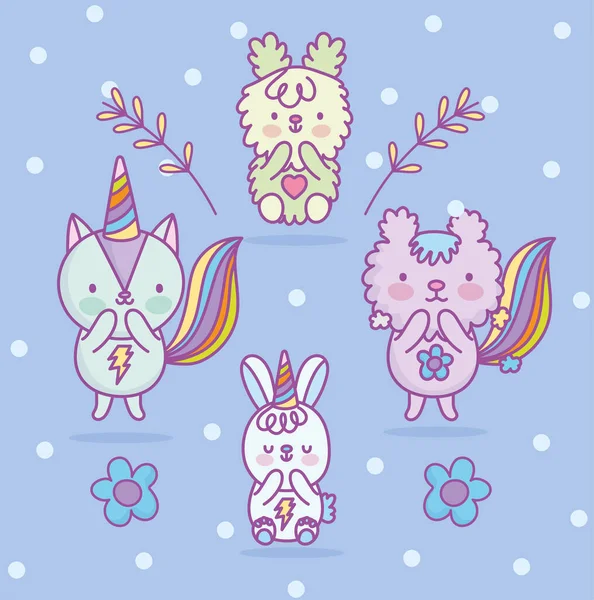 Cute cat bunny squirrel mice flowers cartoon — 스톡 벡터