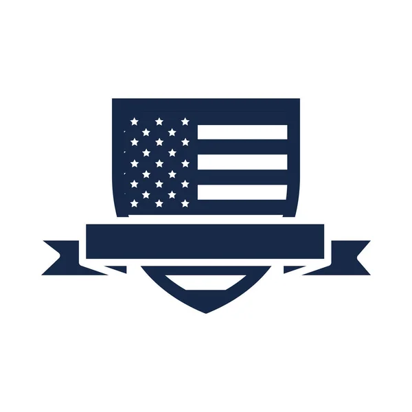 Monument jour bouclier drapeau ruban américain célébration silhouette style icône — Image vectorielle