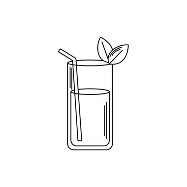 drinks glass cup liquor with mint leaves and straw line style icon