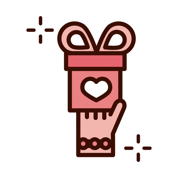 Mothers day, hand with gift box celebration heart love line and fill style icon — Stockový vektor