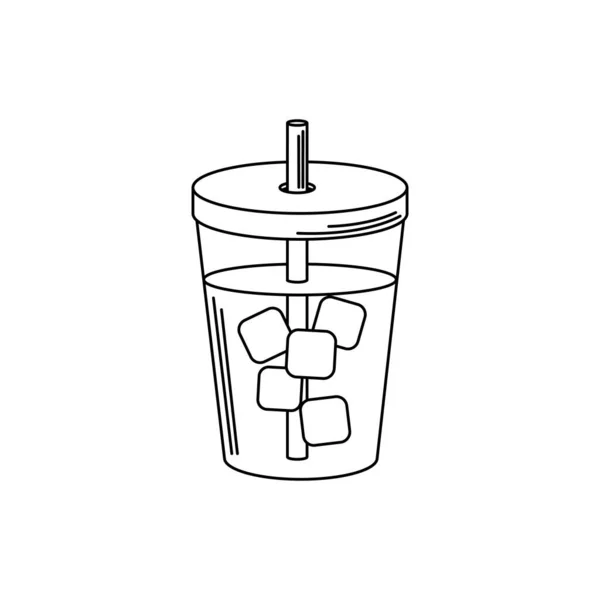 Bebidas bebida fria com cubos de gelo e ícone de estilo de linha de palha —  Vetores de Stock