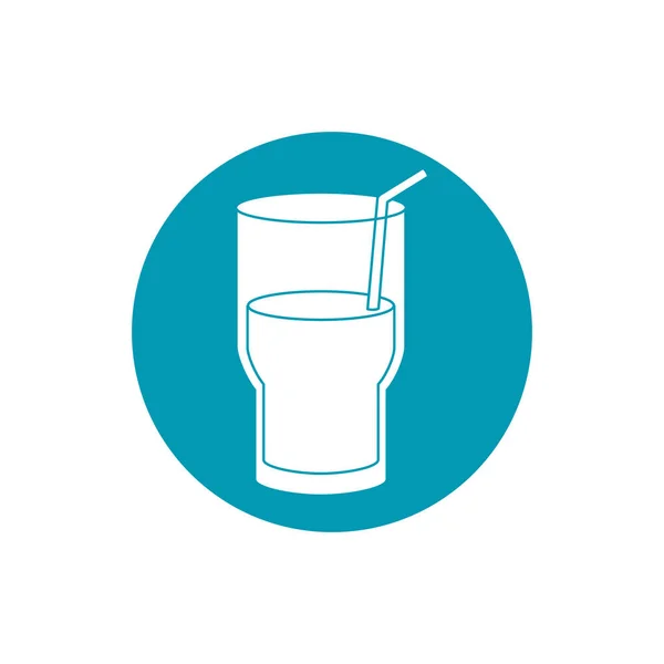 Beve acqua fresca tazza di vetro con icona in stile blocco blu paglia — Vettoriale Stock