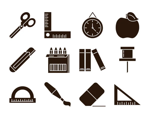 Escuela educación aprender suministro papelería iconos conjunto silueta estilo icono — Vector de stock