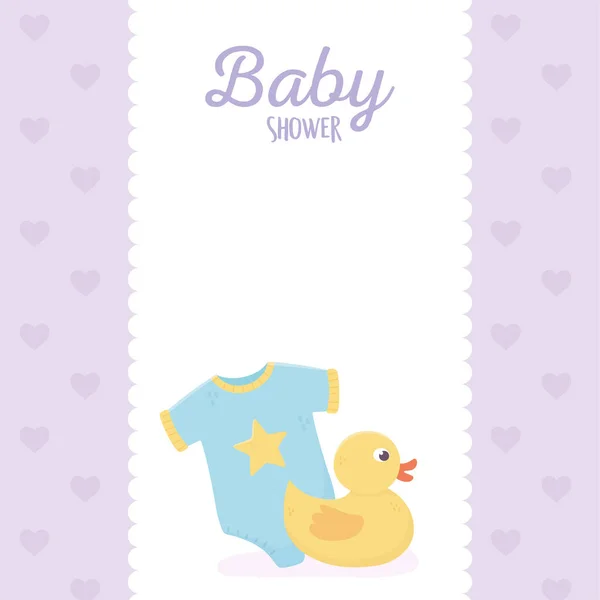 Baby shower, body y banner de pato de goma fondo púrpura — Vector de stock