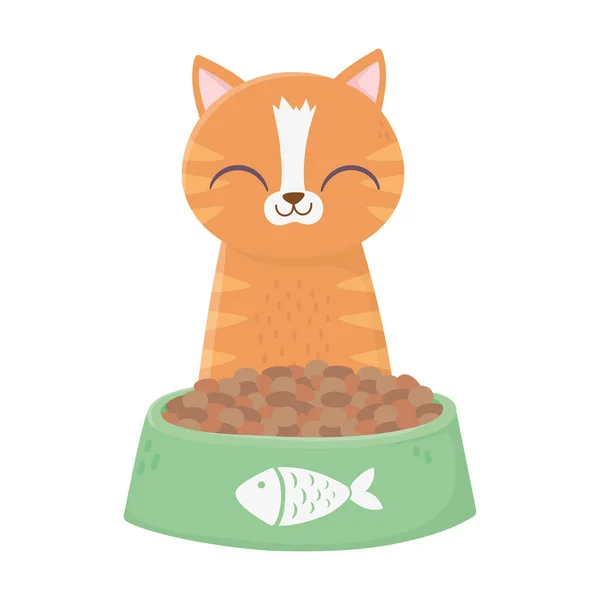Kočka sedí s miskou jídlo karikatury — Stockový vektor