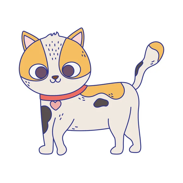 Bonito manchado gato com colar coração andando desenho animado —  Vetores de Stock