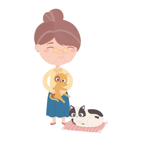 Gatti mi rendono felice, vecchia donna che trasporta gatto e gattino in tappeto — Vettoriale Stock