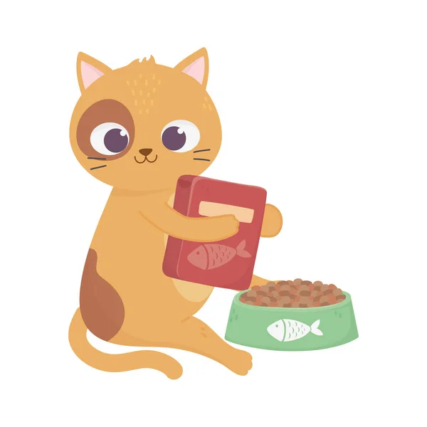 Koty mnie uszczęśliwiają, ładny kot z pudełkiem z jedzeniem i miską — Wektor stockowy