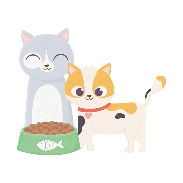 Gatos fazer-me feliz, gatos bonitos com tigela comida desenhos animados — Vetor de Stock