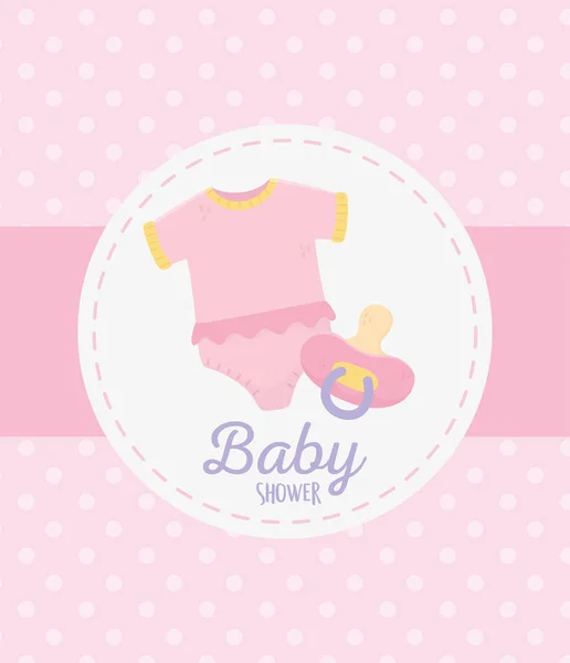 Baby shower, body y chupete celebración puntos rosa etiqueta de fondo — Archivo Imágenes Vectoriales
