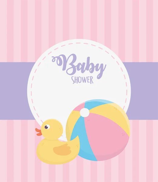 Baby shower, rubber duck and plastic ball pink stripes background — Stock Vector