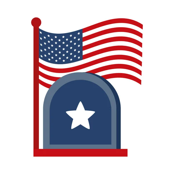 Lápida día memorial y bandera americana celebración icono de estilo plano — Vector de stock