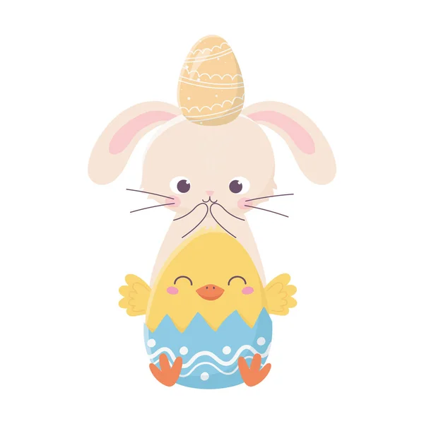 Heureux jour de Pâques, lapin avec oeuf dans la tête et poulet dans la nature coquille d'oeuf — Image vectorielle