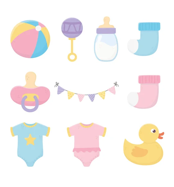 Baby shower, bodysuits πιπίλα μπουκάλι κουδουνίστρα πάπια — Διανυσματικό Αρχείο