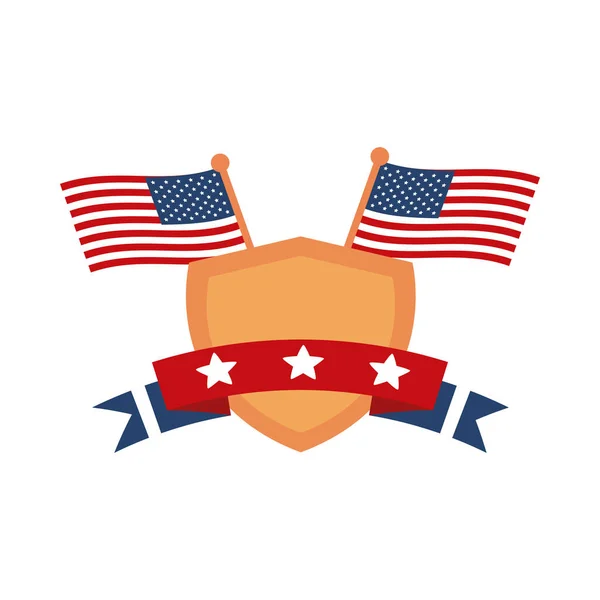 Día memorial escudo banderas bandera estrellas celebración americana icono de estilo plano — Vector de stock
