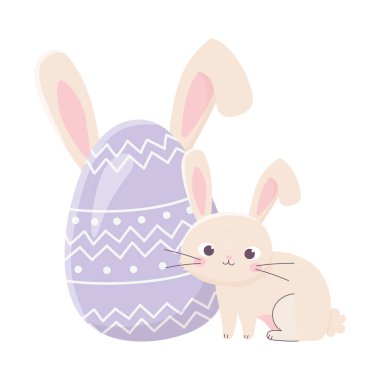 Mutlu Paskalya günleri, kulakları süslenmiş şirin tavşan ve yumurta.