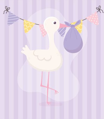 Bebek partisi, bebek bezli leylek ve flamalar çizgili süslemeler.