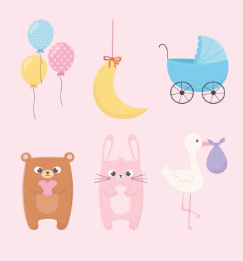 Bebek partisi, pembe tavşan oyuncak ayı bebek arabası balonları ve ay simgeleri.