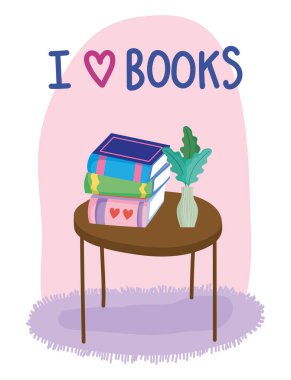 Kitaplar ve bitkiler masa ve kitap gününde vazo dekorasyonunda.