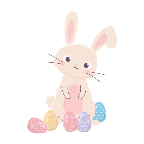 Felice giorno di Pasqua, simpatico coniglio delicato uova decorazione cartone animato — Vettoriale Stock