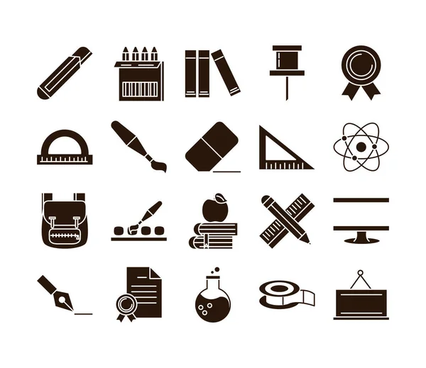 School education learn supply stationery icons set silhouette style icon — 스톡 벡터