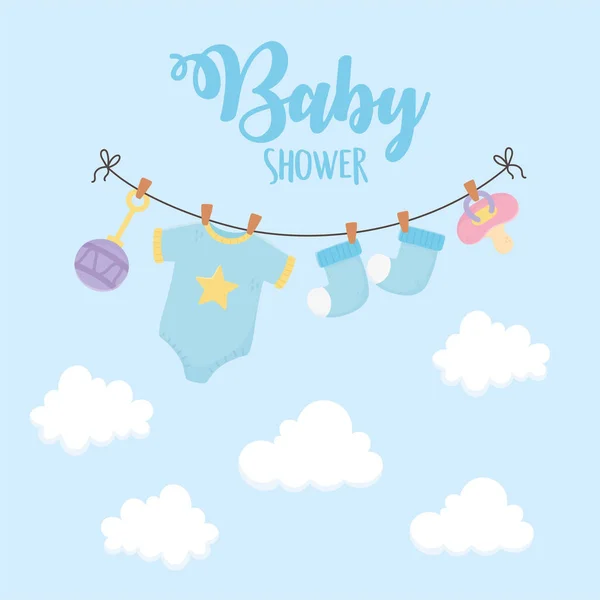 Baby shower, body suit skarpetki smoczek grzechotka niebieski dekoracja — Wektor stockowy