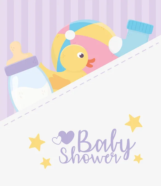 Babydusche, Entenballflasche und Socken-Festkarte — Stockvektor