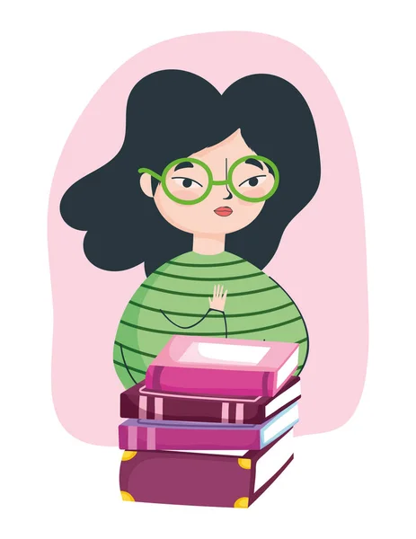 Νεαρή γυναίκα φορώντας γυαλιά και στοιβαγμένα βιβλία, ημέρα βιβλίου — Διανυσματικό Αρχείο