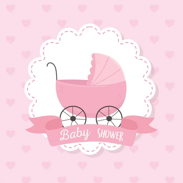 Bebê chuveiro, rosa pram fita etiqueta decoração corações fundo — Vetor de Stock