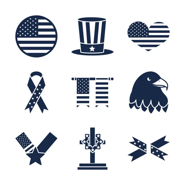 Memorial día americano iconos de celebración nacional conjunto silueta icono de estilo — Vector de stock