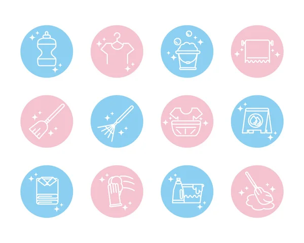 Limpeza, ícones de higiene doméstica definir bloco de higiene doméstica ícone de estilo de cor — Vetor de Stock