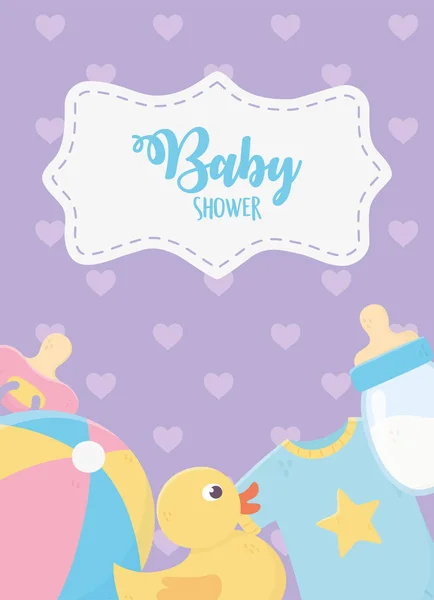 Baby dusch, anka flaska bodysuit boll napphållare prickar lila fest — Stock vektor
