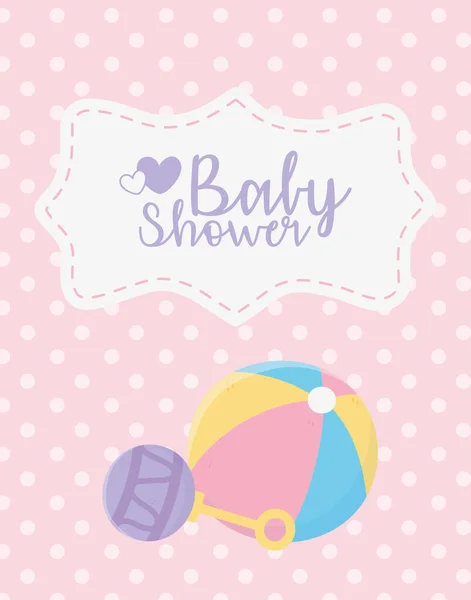 Baby shower, rattle and ball toys dotted pink background celebration card — Stock Vector