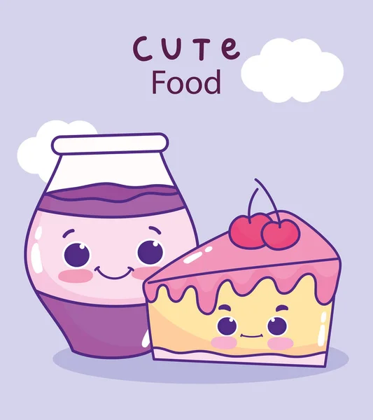 Lindo pastel de rebanada de comida y tarro con mermelada dulce postre pastel de dibujos animados — Vector de stock