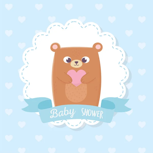 Baby dusch, söt nalle med hjärta band dekoration — Stock vektor