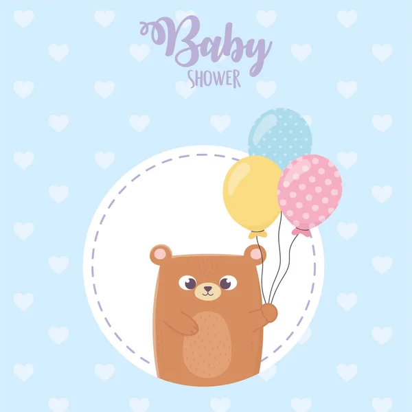 Детский душ, плюшевый медведь с воздушными шариками на голубом фоне — стоковый вектор