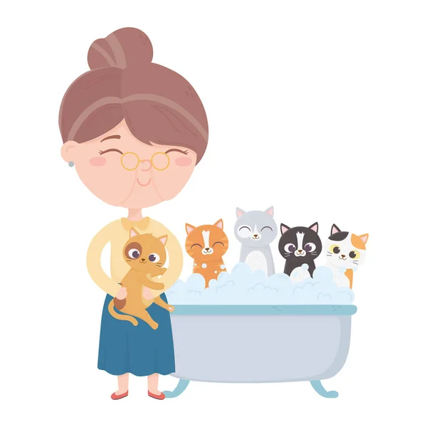 Gatti mi rendono felice, vecchia donna che fa il bagno gatti nella vasca da bagno — Vettoriale Stock