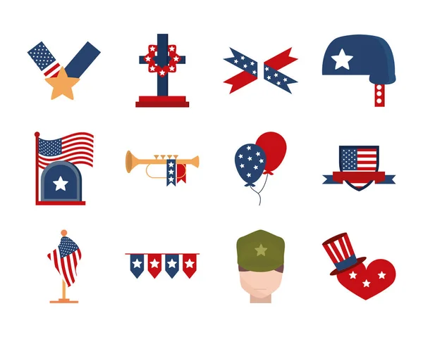 Memorial día americano iconos de celebración nacional conjunto icono de estilo plano — Vector de stock