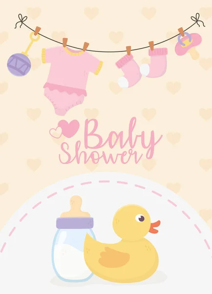 Bebé ducha, botella de pato y rosa body calcetines chupete celebración tarjeta — Archivo Imágenes Vectoriales