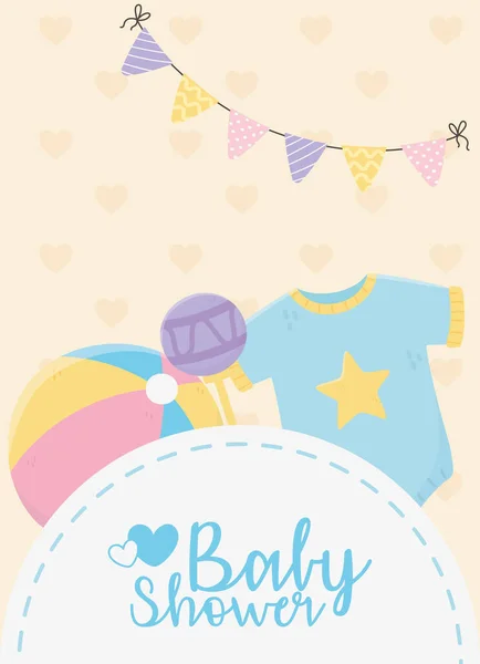 Baby shower, blue bodysuit rattle and ball pennants decoration — Stock Vector