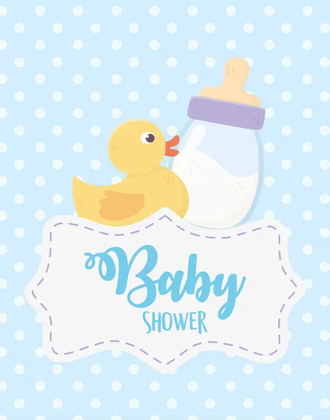 Bebé ducha, pato juguete y leche botella punteado azul baackground celebración evento — Archivo Imágenes Vectoriales