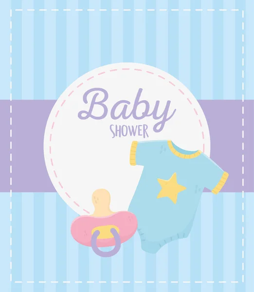 Babyshower, blauwe bodysuit en fopspeen viering achtergrond viering — Stockvector