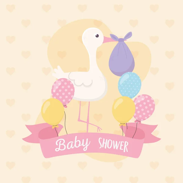 Baby shower, stork with purple diaper and balloons decoration — Stock Vector