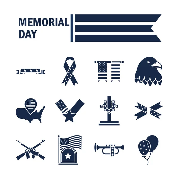 Memorial day american national celebration icons set silhouette style icon — Stock Vector