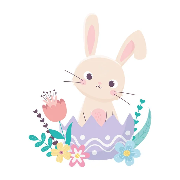 Happy easter day, rabbit in eggshell flowers leaves decoration — 스톡 벡터