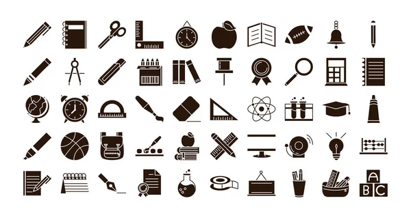 School education learn supply stationery icons set silhouette style icon — Stock Vector