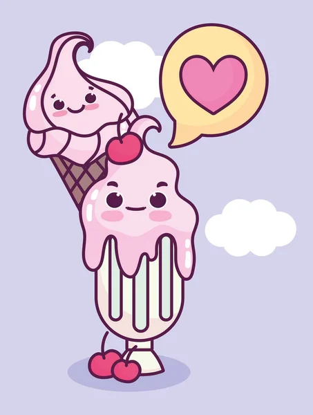 可爱的食物冰淇淋筒和杯子樱桃喜欢甜食点心卡通片 — 图库矢量图片